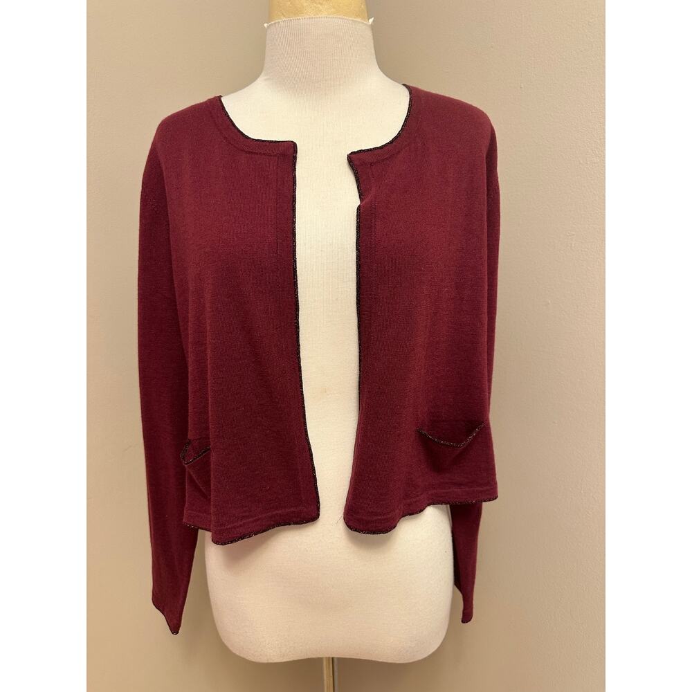 J. Jill Burgundy Sparkle Long Sleeve Open Shrug Cardigan Wool/Angora Blend Sz PL